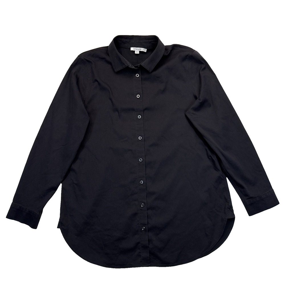 Chico's Black Button Down Shirt Womens Size 10 Stretch Cotton Blend Minimalist
